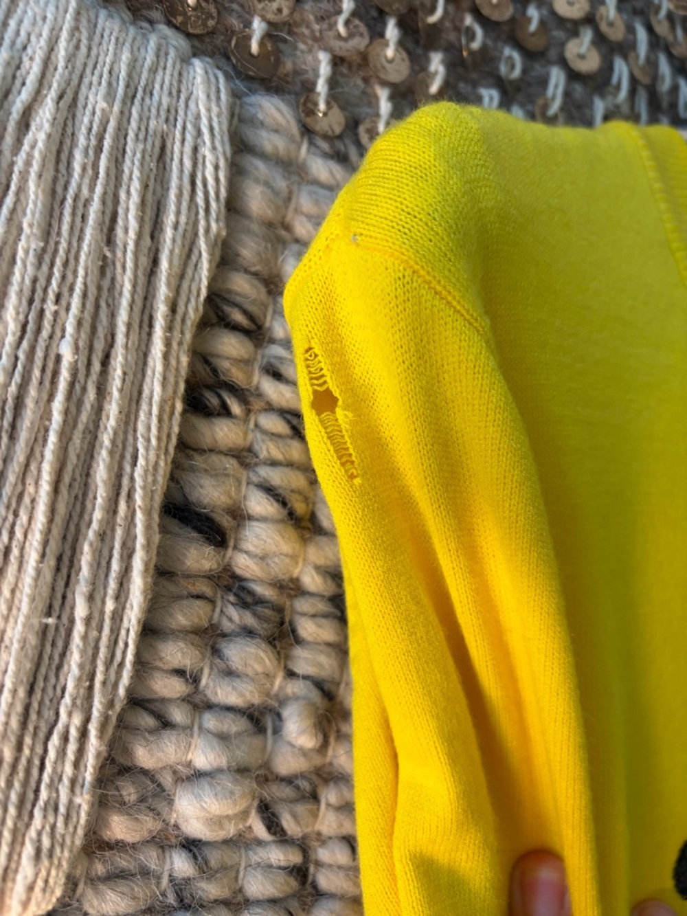 Desigual yellow sequined 'Awesome' crewneck sweater sparkle stripe trim - Picture 8 of 13